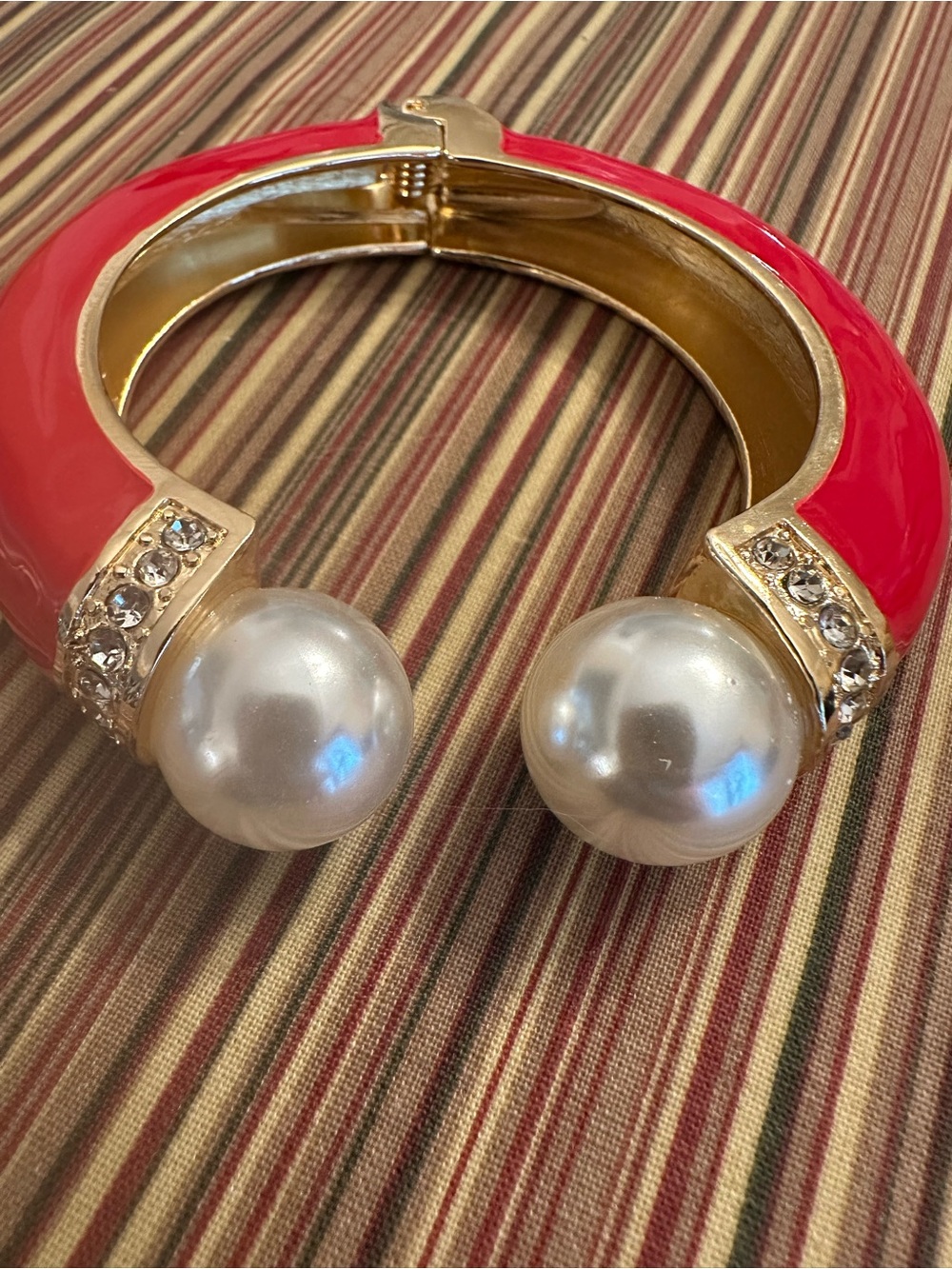 Gold-Tone Red Enamel Bangle with Pearl Accent